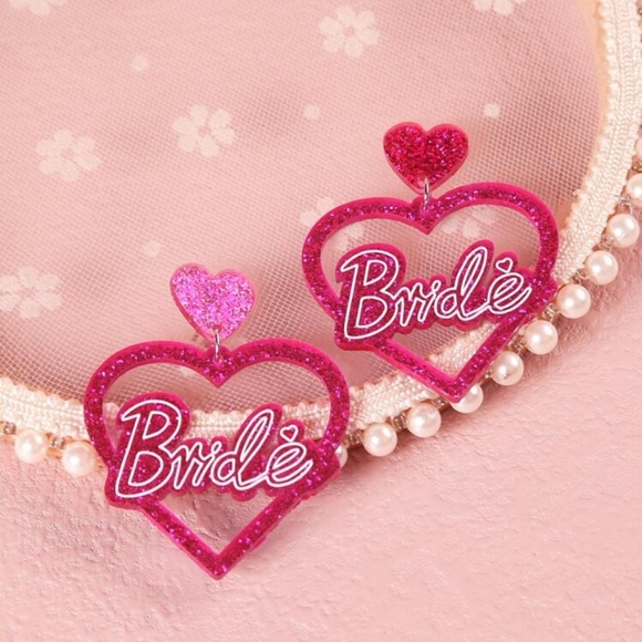 Jewelry - Bride Heart Drop Earrings - Hot Pink Glitter